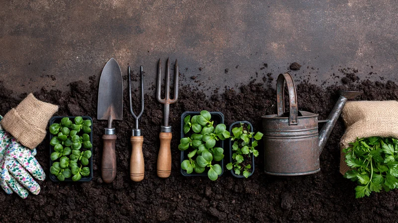 Gardening tools and seedlings arranged on soil in a flat lay composition