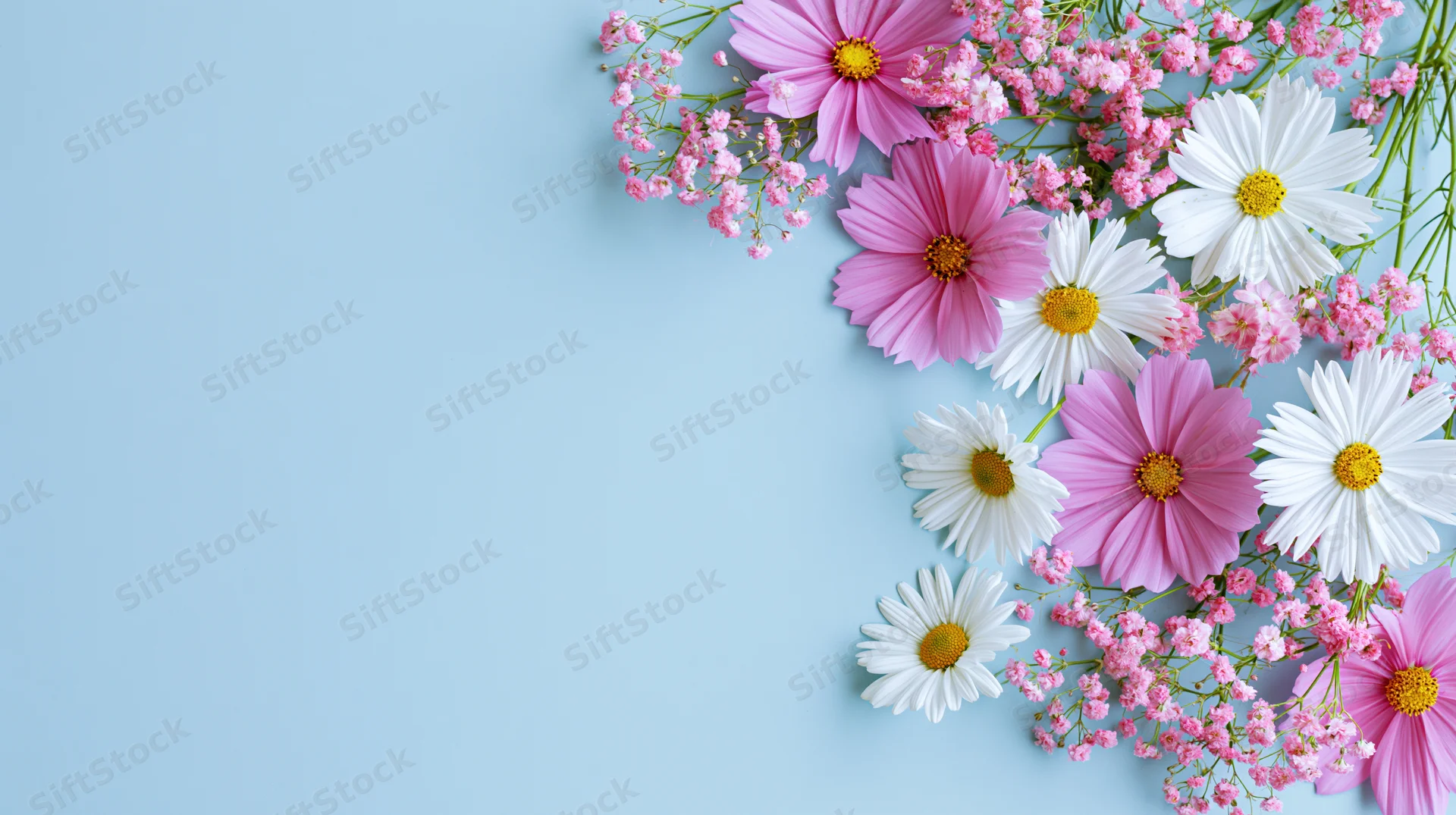 Pink cosmos and white daisies arranged in a flat lay on a light blue background with copyspace