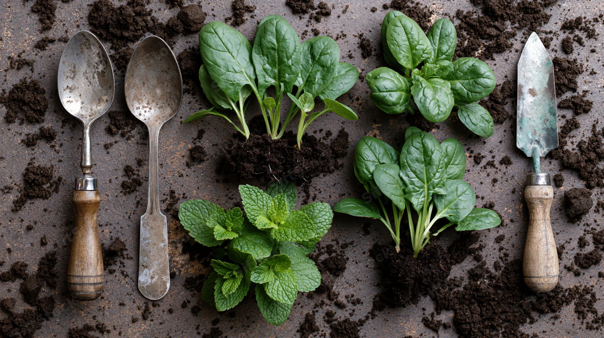 Fresh herb seedlings and garden tools arranged on soil in a flat lay