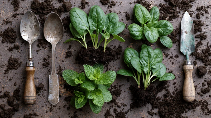 Fresh herb seedlings and garden tools arranged on soil in a flat lay