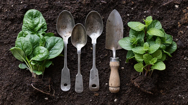 Small garden tools and herb seedlings arranged on soil in flat lay