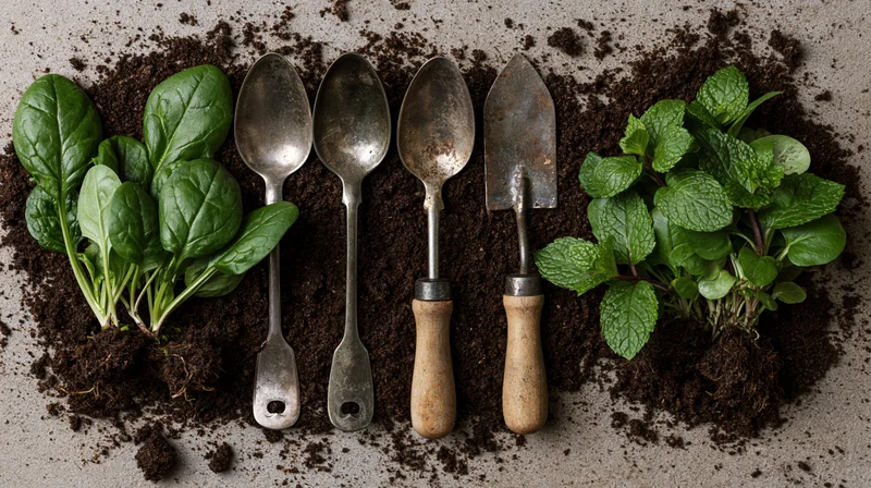 Small garden hand tools and fresh herb seedlings arranged on soil in a flat lay