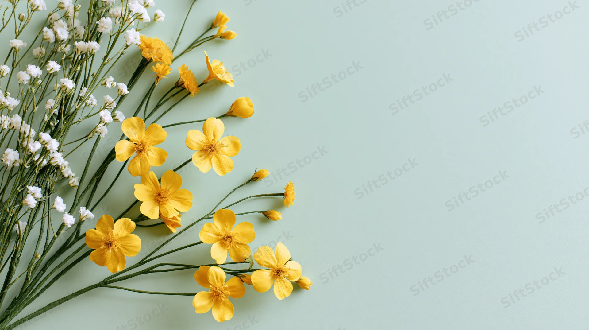 Small yellow wildflowers and tiny white filler blooms arranged in flat lay on mint background with copyspace