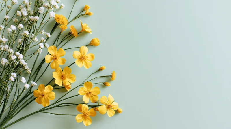 Small yellow wildflowers and tiny white filler blooms arranged in flat lay on mint background with copyspace