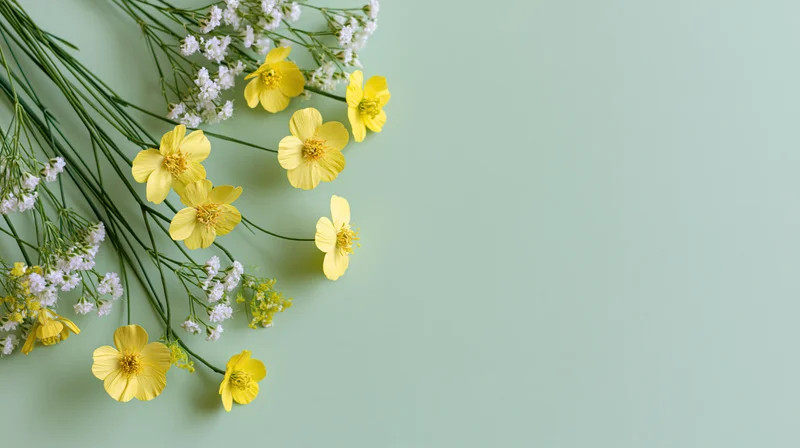Small yellow wildflowers and tiny white filler blooms arranged in flat lay on mint green surface with copyspace