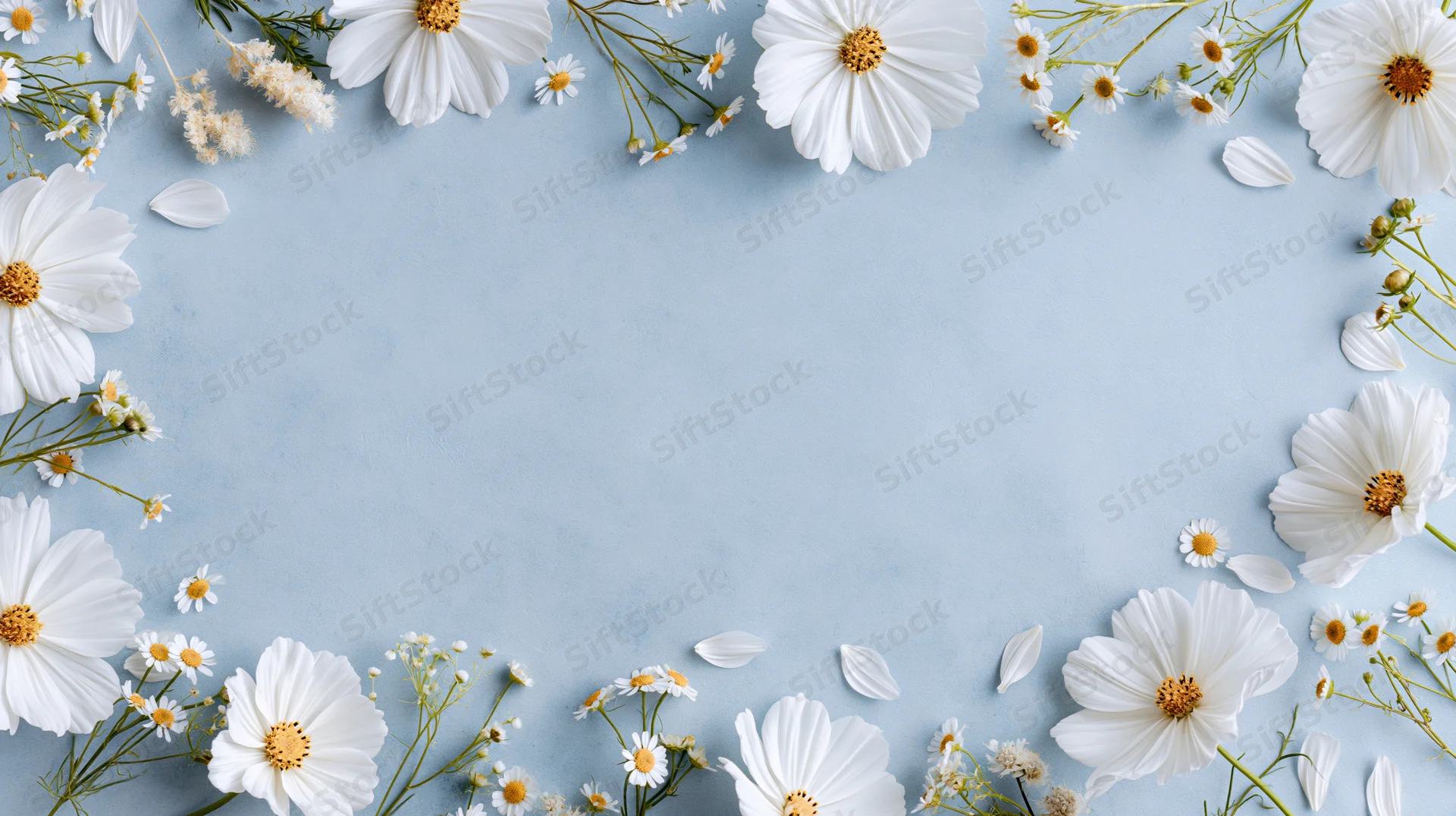 White cosmos flowers and daisies arranged in a border on a light blue surface with copyspace