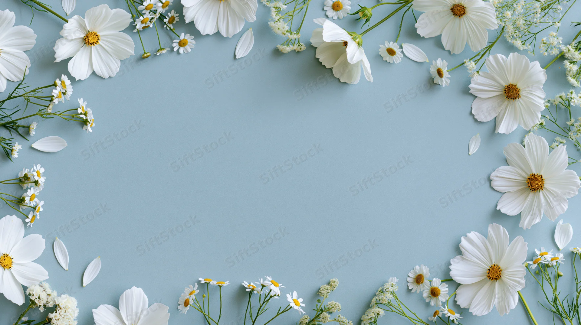 White cosmos flowers and small daisies arranged in a border on a blue background with copyspace