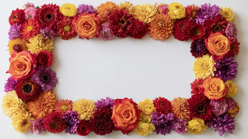 Rectangular floral border made of roses, dahlias, and zinnias arranged flat on white surface