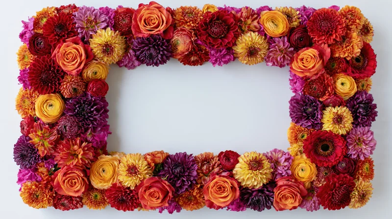 Dense rectangular floral border made of colorful flowers arranged in a frame shape on white background with copyspace