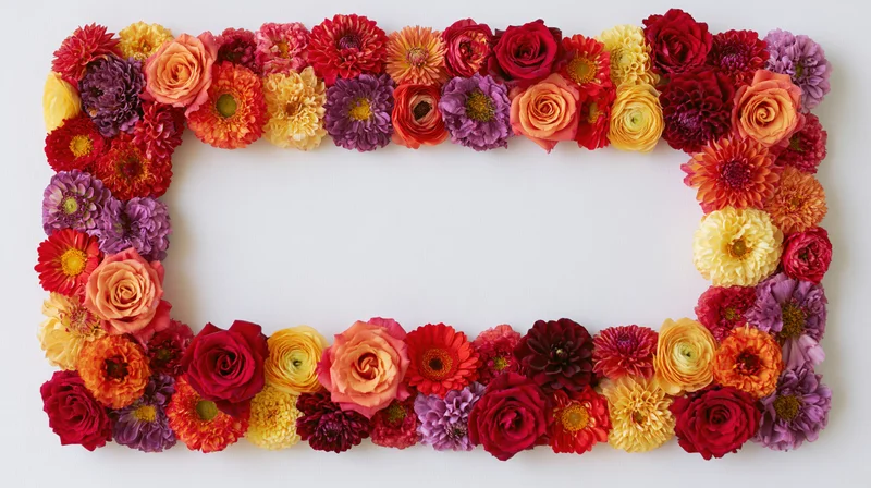 Rectangular floral border made of colorful roses, dahlias and ranunculus on white background with central copyspace