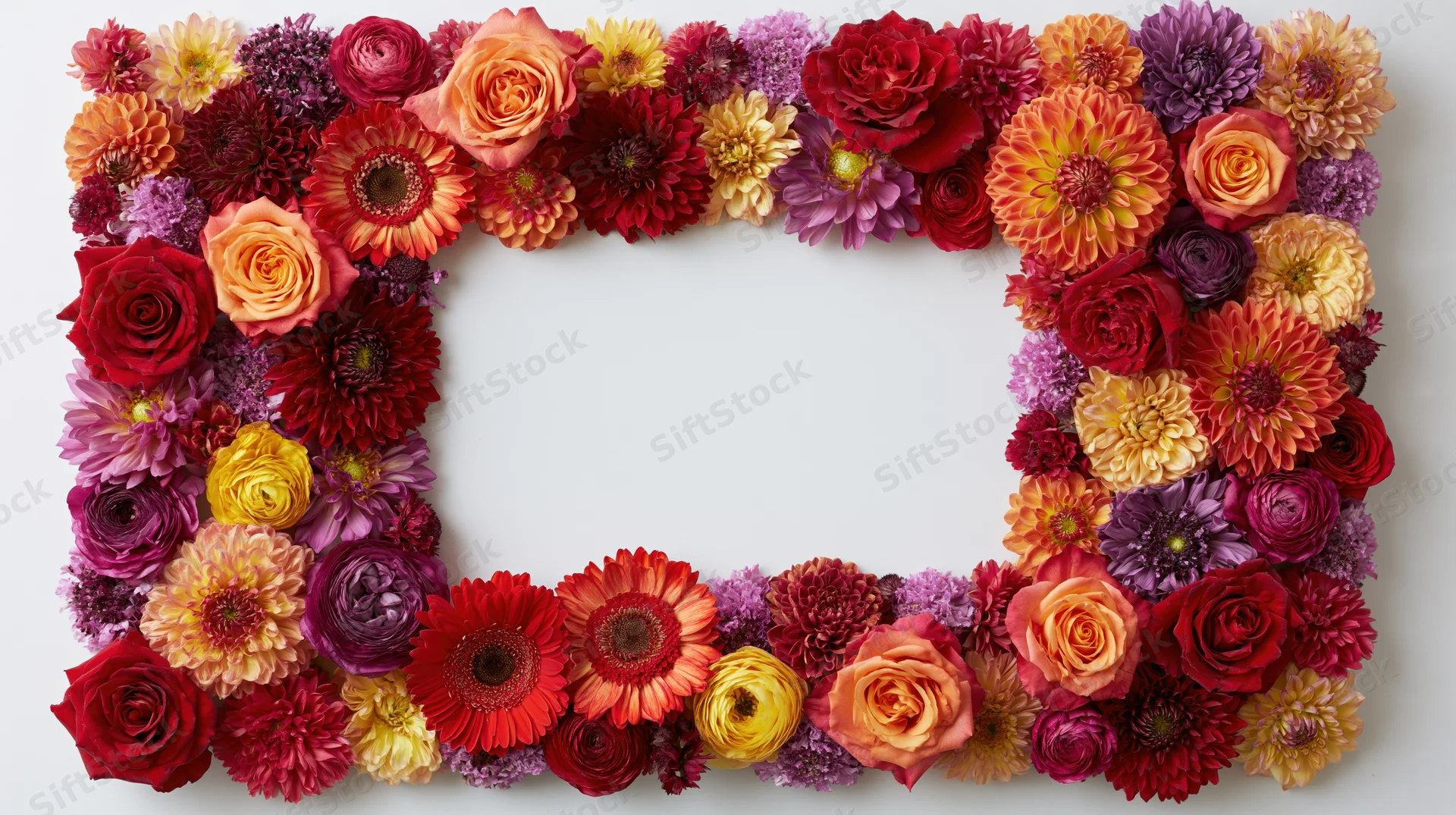 Dense rectangular floral border made of roses, dahlias and gerbera on white background with central copyspace