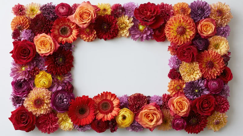 Dense rectangular floral border made of roses, dahlias and gerbera on white background with central copyspace