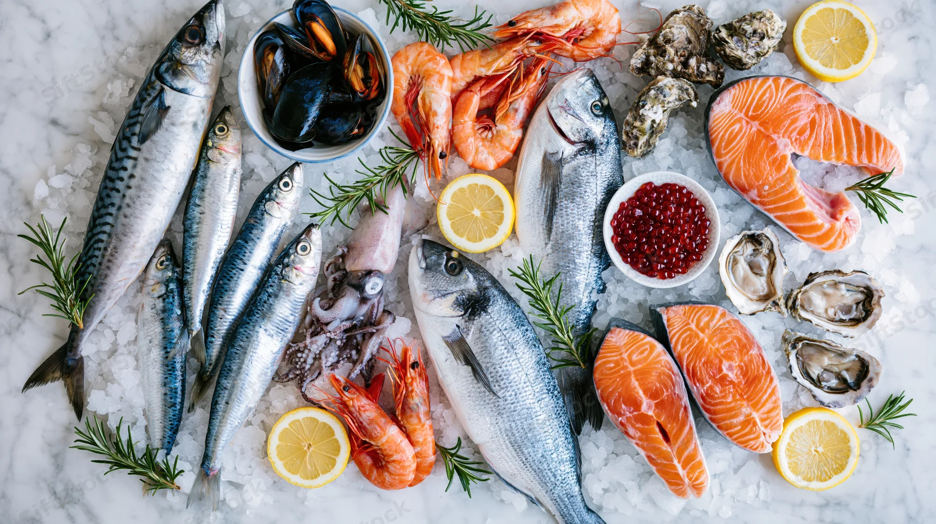 Overhead flat lay of fresh raw seafood including fish, shrimp, mussels, oysters, squid, lemon, and rosemary on ice and marble surface