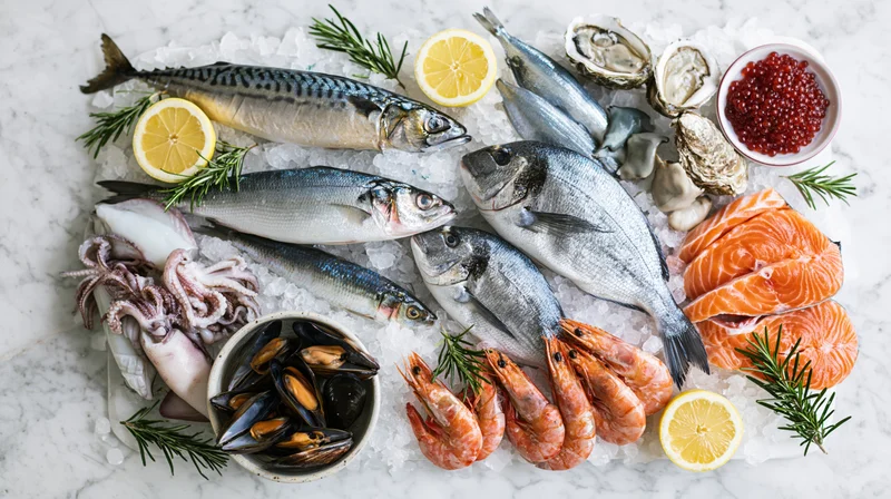 Variety of fresh raw seafood arranged on ice with lemon and rosemary on marble surface