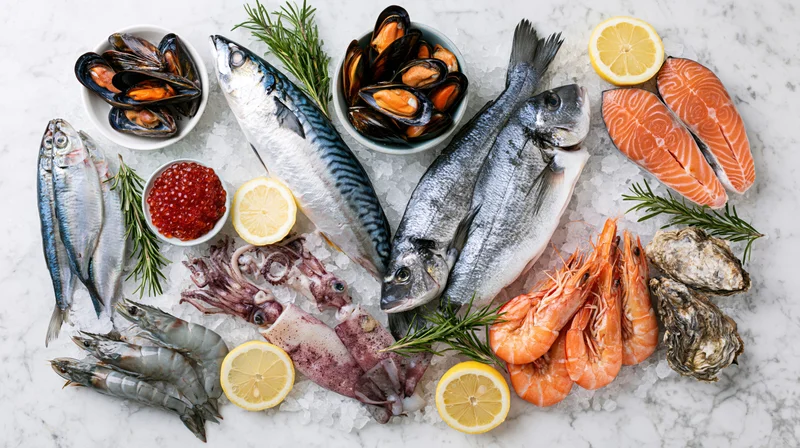 Variety of fresh raw seafood arranged on ice with lemon and herbs on marble surface