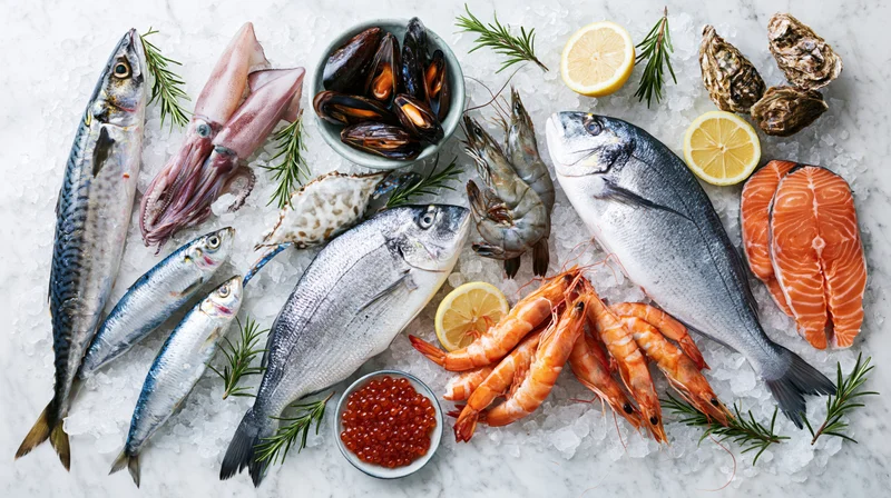 Variety of fresh raw seafood arranged on ice with lemon and herbs on marble surface