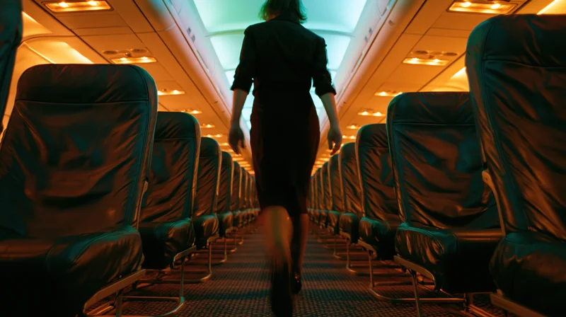Flight attendant walking down empty airplane aisle in dimly lit cabin