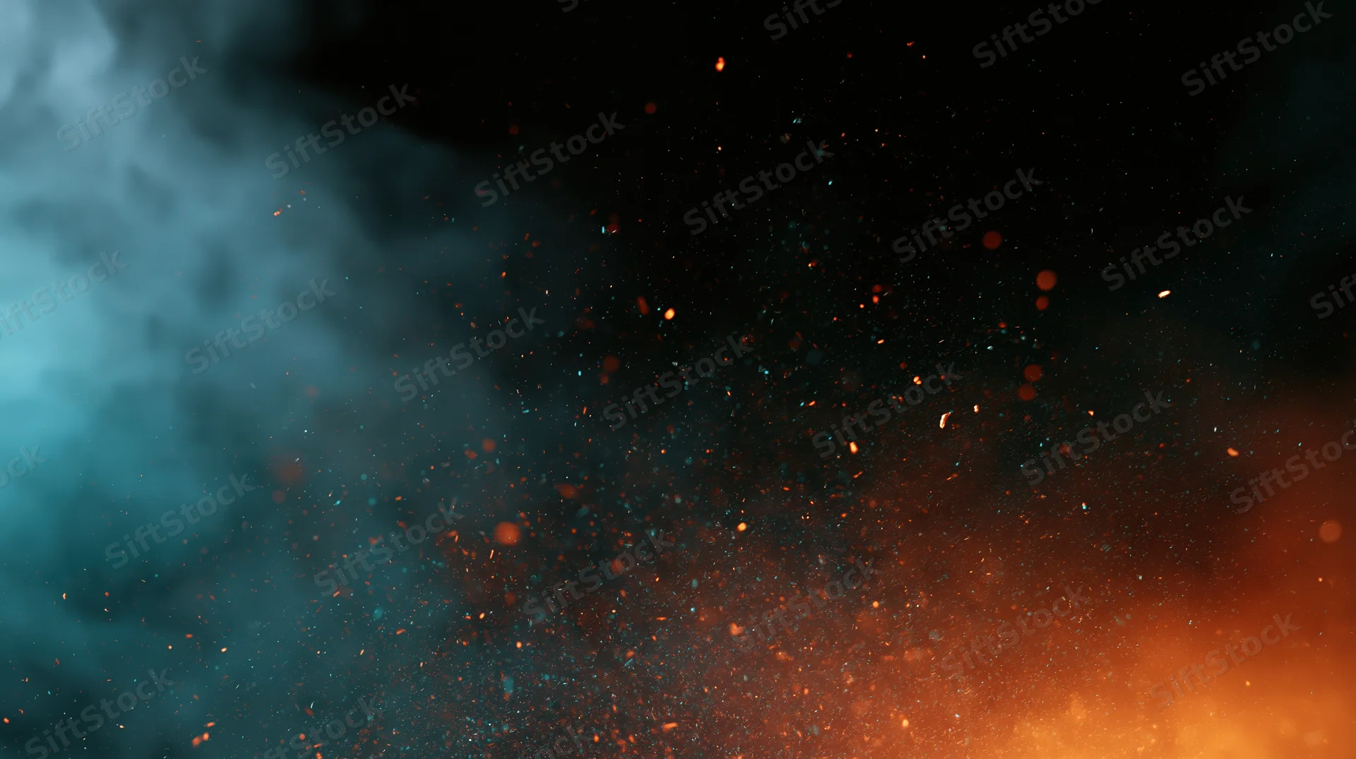 Floating embers and glowing particles suspended in dark smoke with orange and blue light