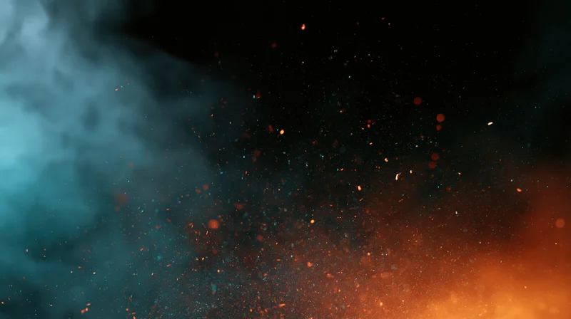 Floating embers and glowing particles suspended in dark smoke with orange and blue light