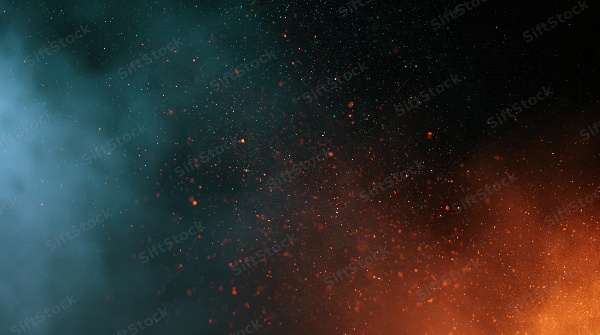 Glowing embers and dust particles floating in dark atmosphere