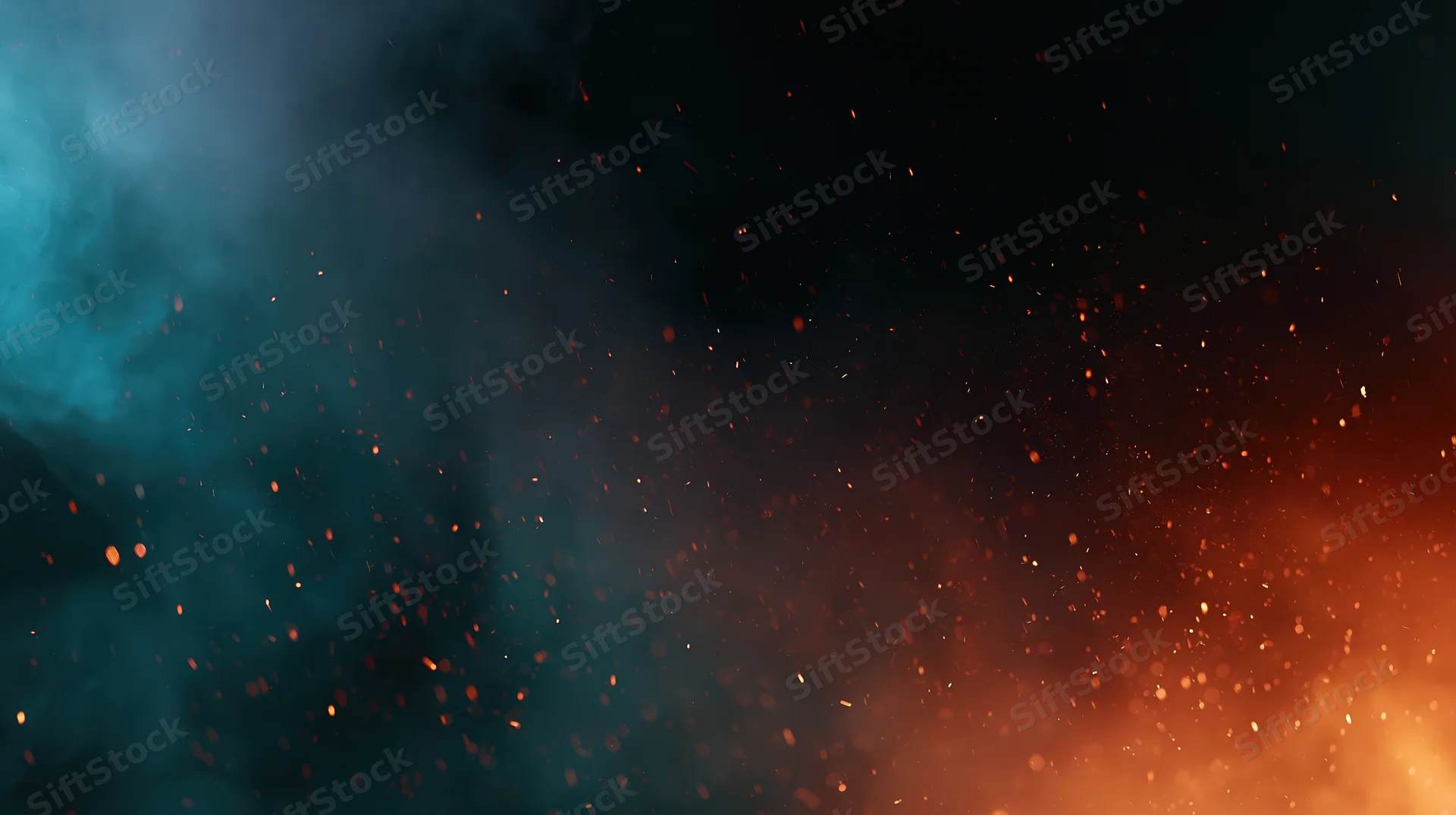 Floating embers and glowing particles suspended in dark smoke with blue and orange light