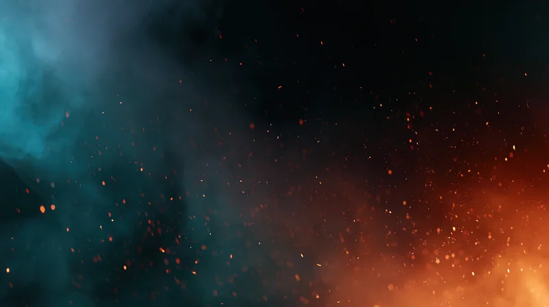 Floating embers and glowing particles suspended in dark smoke with blue and orange light
