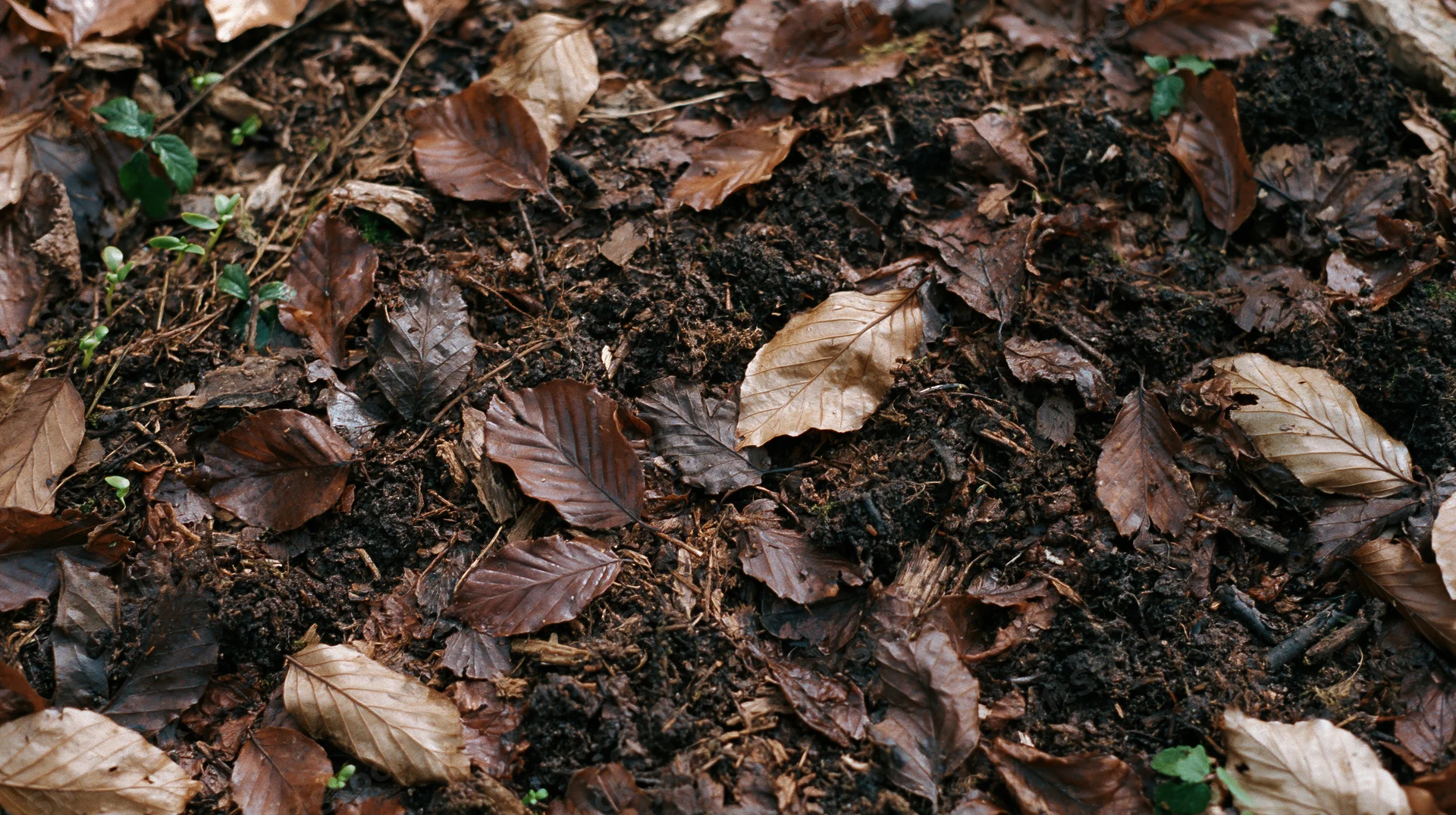 Forest floor covered in decomposing brown leaves and twigs