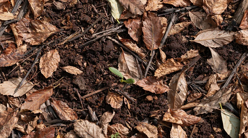 Small green sprout emerging from soil covered in dry brown leaves and twigs on forest floor