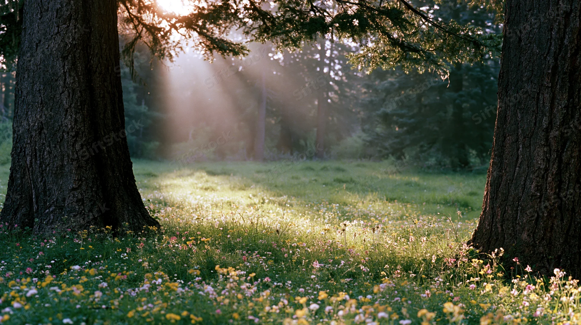 Sunlit forest glade with wildflowers blooming between large trees