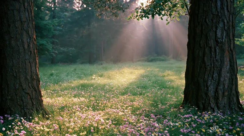 Sunbeams filtering through trees onto a meadow of pink and yellow wildflowers in a forest clearing