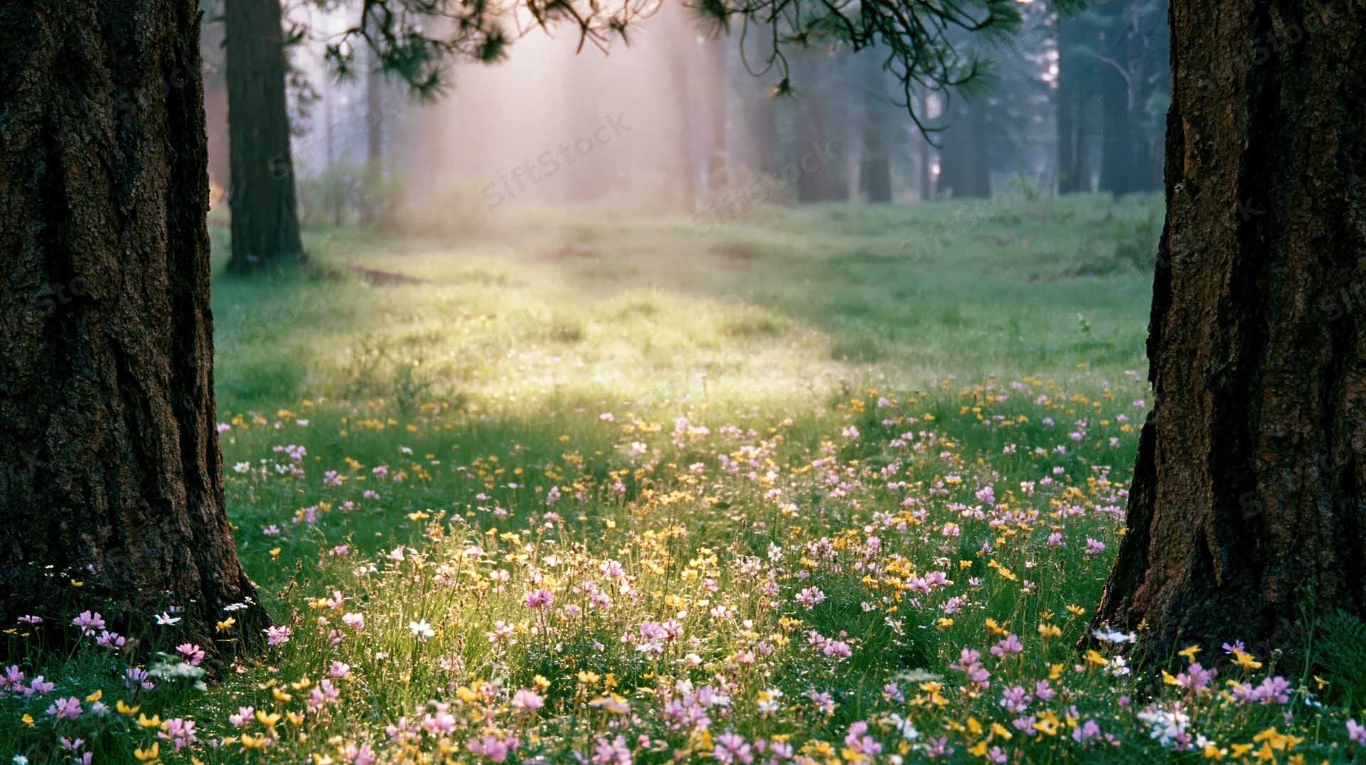 Sunlit forest glade with wild meadow flowers blooming between pine trees