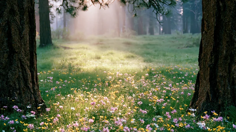 Sunlit forest glade with wild meadow flowers blooming between pine trees