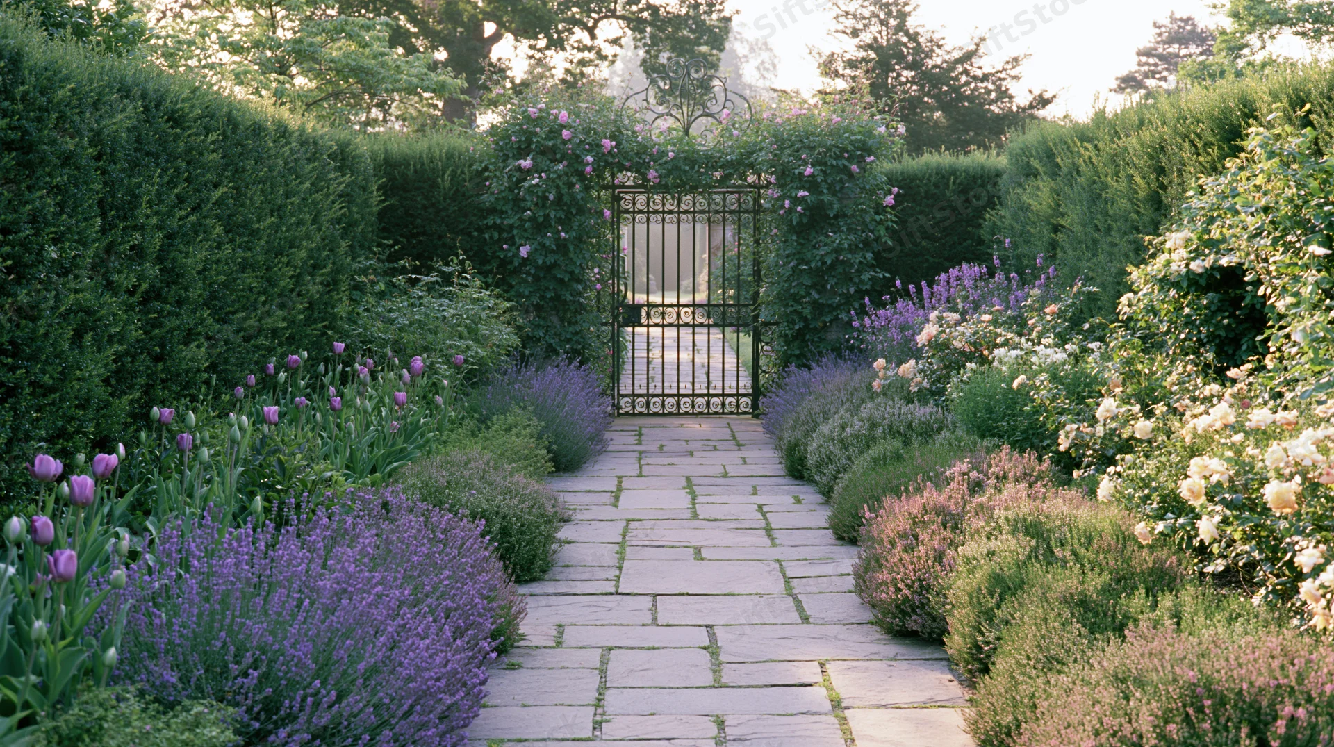 Stone path lined with lavender and roses leading to an ornate wrought-iron gate in a formal garden