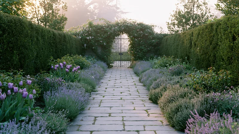 Stone path lined with lavender and tulips leading to an iron gate in a formal garden