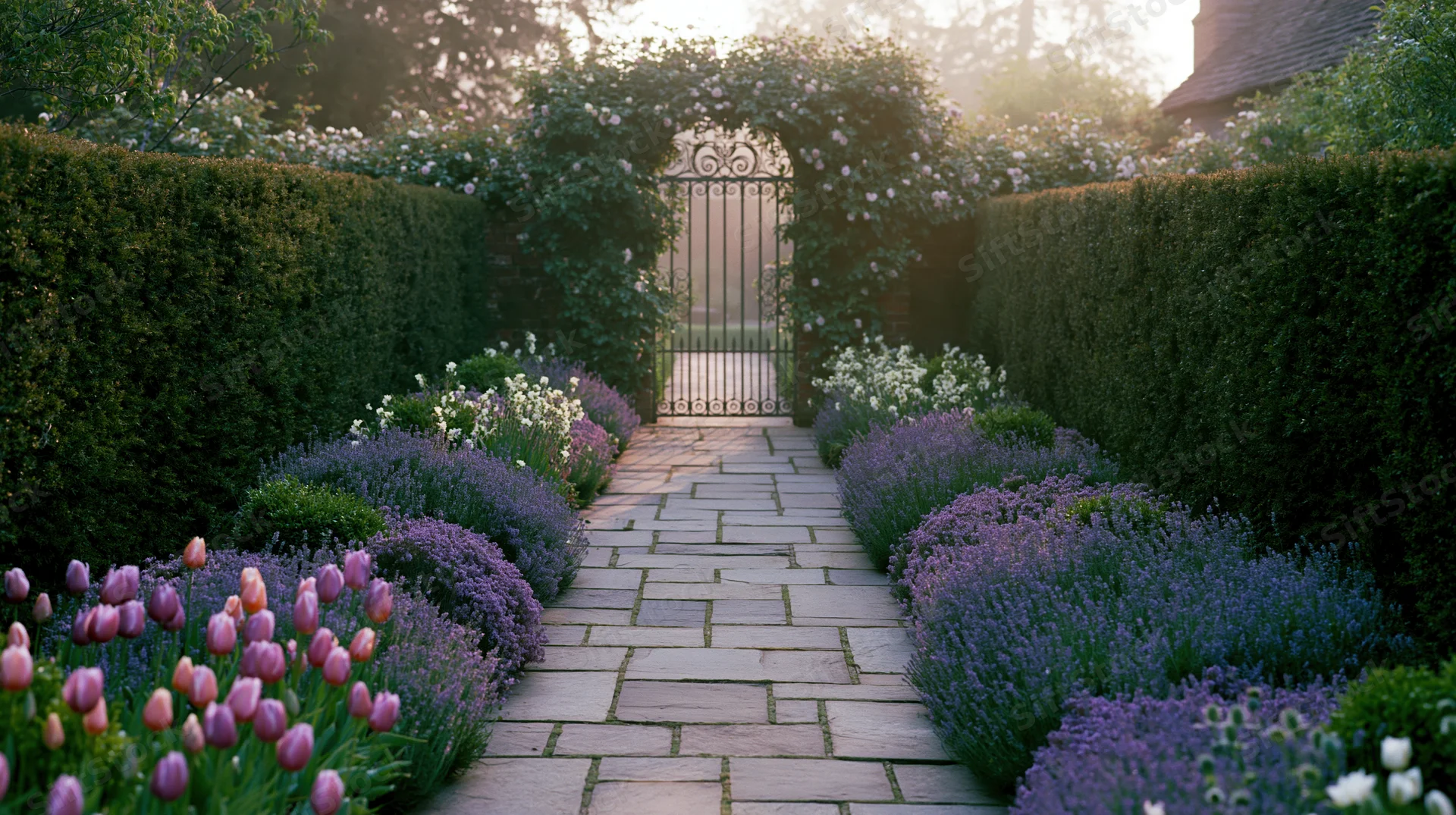 Stone path lined with lavender and tulips leading to an ornate wrought-iron gate in a formal garden