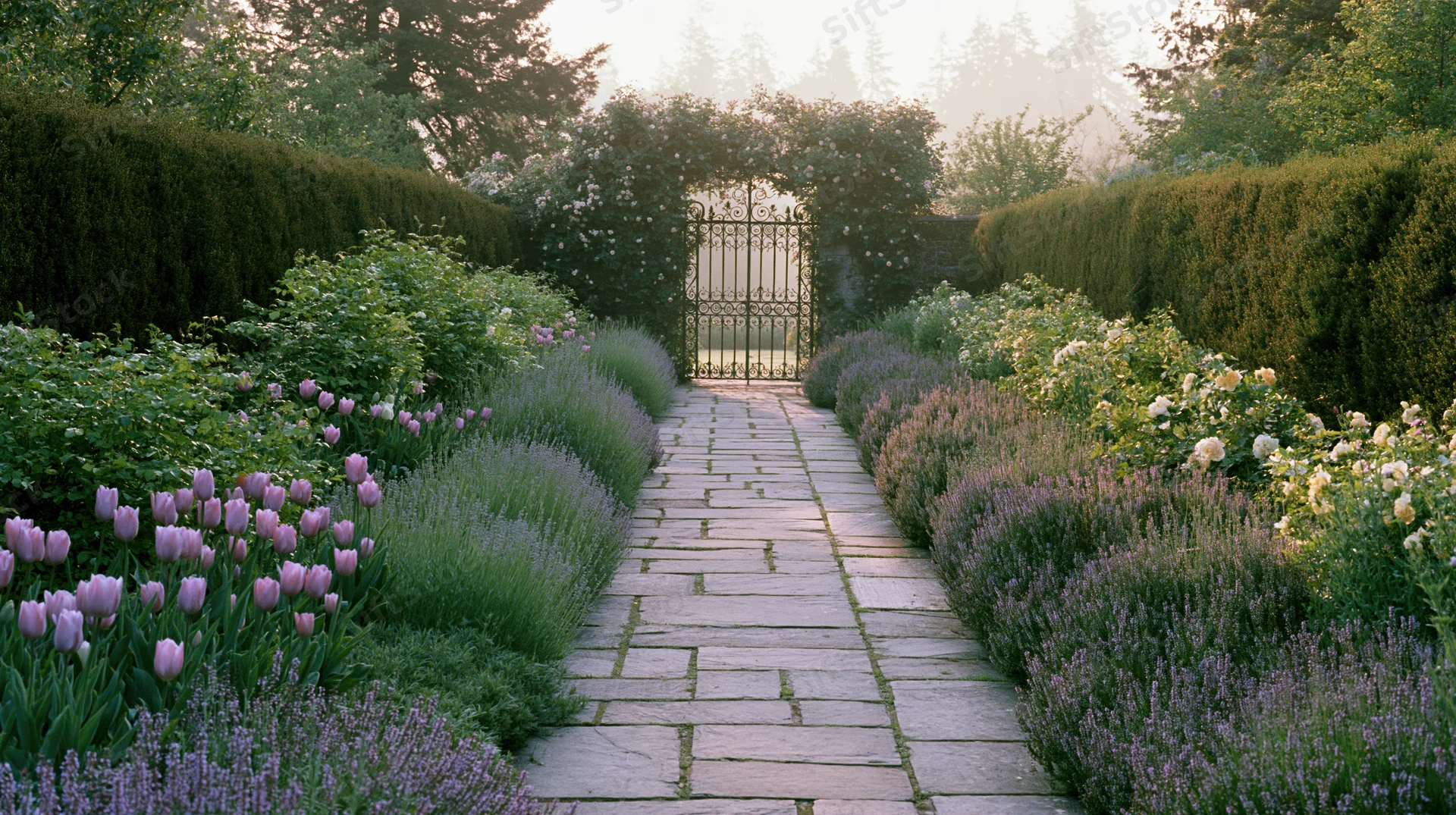 Stone path lined with lavender, tulips and roses leading to an ornate wrought-iron gate in a formal garden bordered by hedges