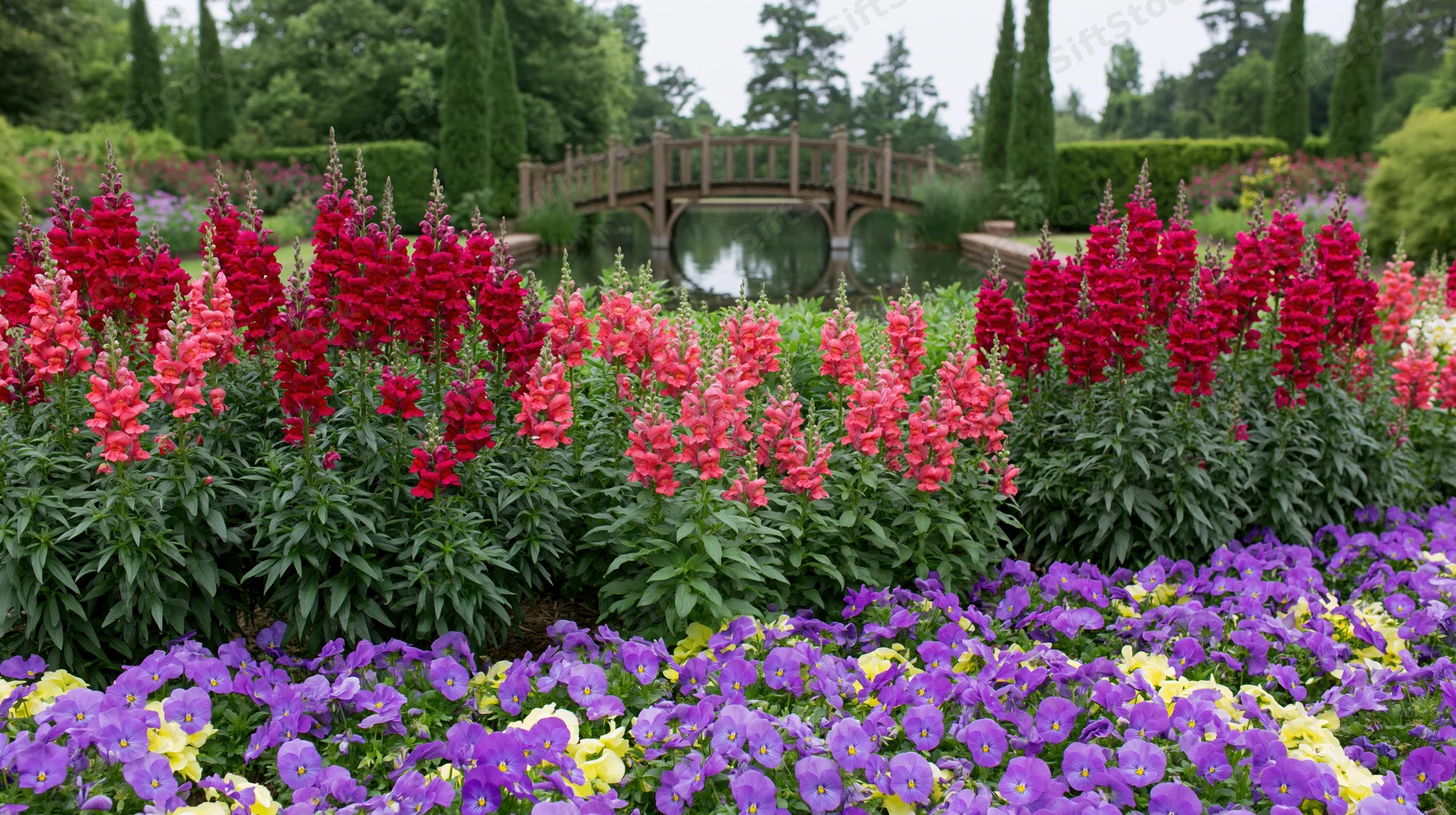 Dense beds of red and pink snapdragons with purple and yellow flowers in a formal garden featuring a wooden bridge over a pond