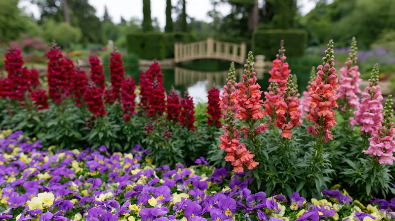 Dense beds of snapdragons in full bloom in a formal garden with a pond and arched bridge in the background