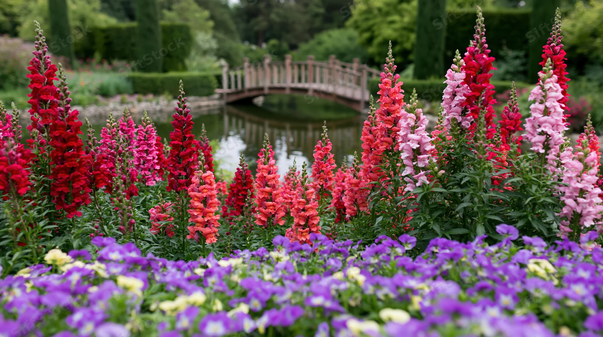 Dense beds of snapdragons in full bloom in a formal garden with a pond and wooden bridge in the background