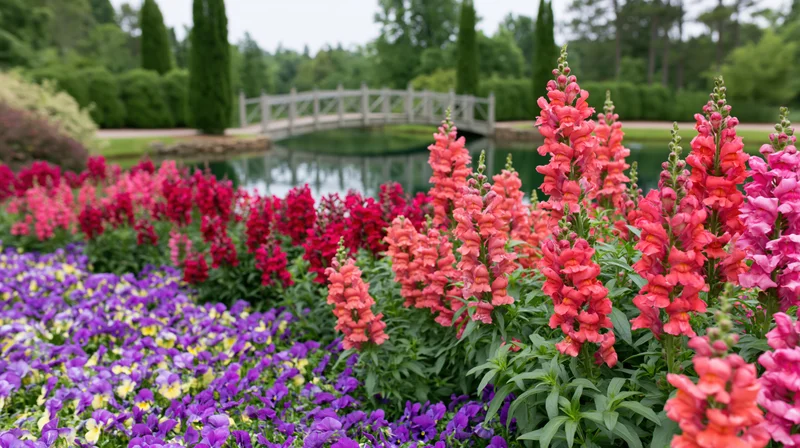 Colorful snapdragon and pansy flowerbeds in a formal garden with a pond and white bridge in the background