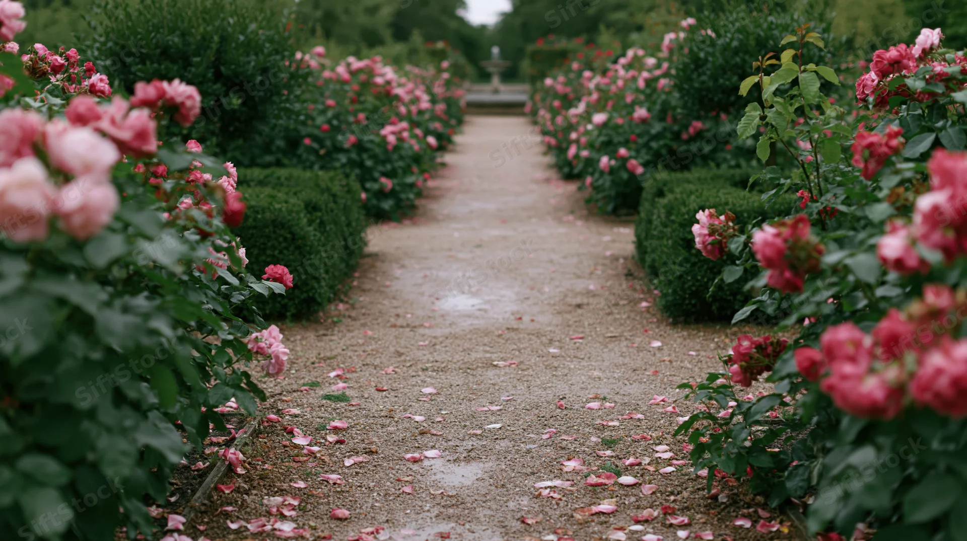 Gravel path lined with blooming pink rose bushes in a formal garden