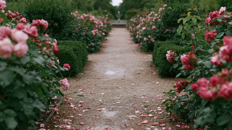 Gravel path lined with blooming pink rose bushes in a formal garden