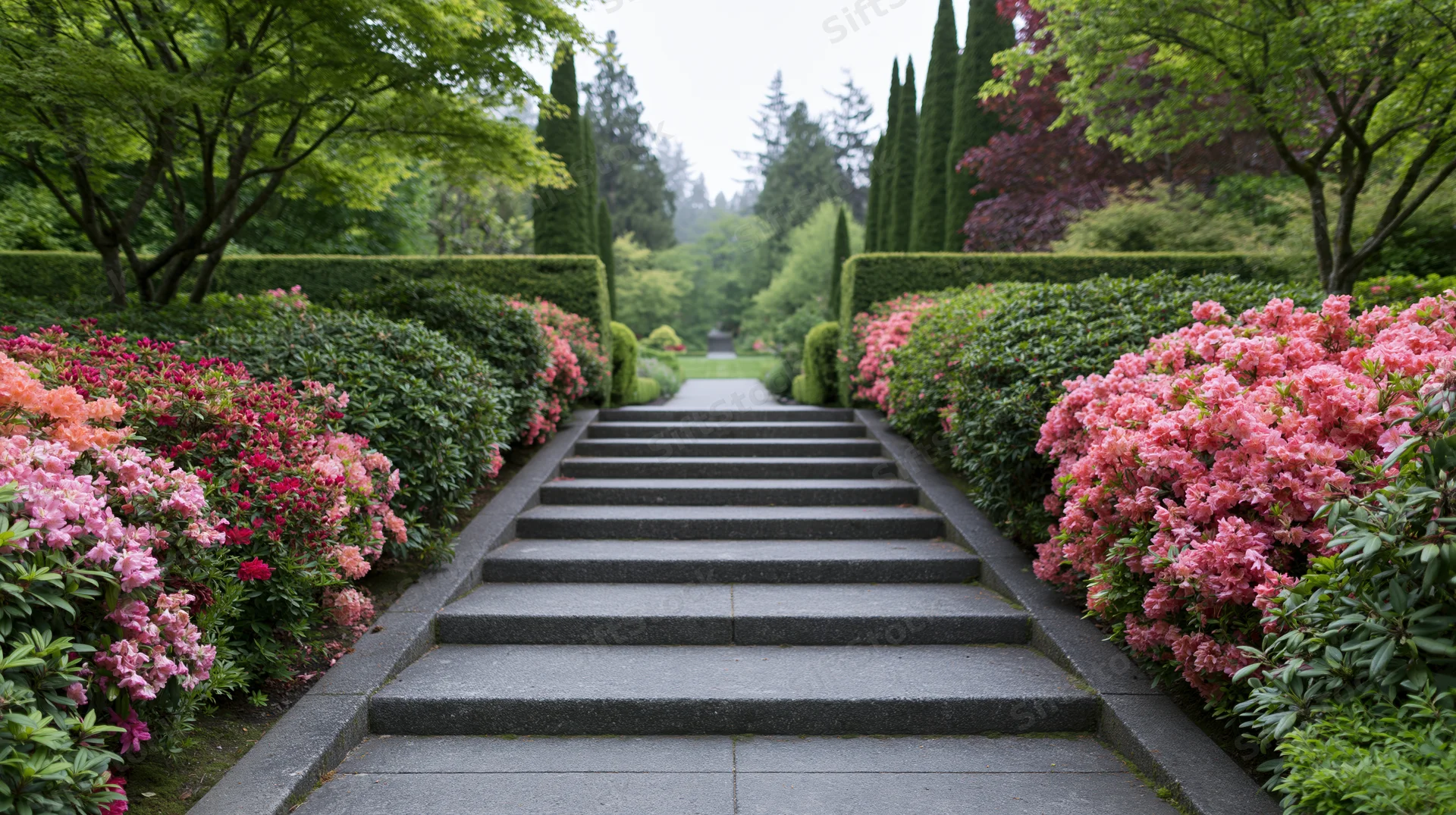 Stone steps ascending through a symmetrical garden flanked by blooming rhododendrons and trimmed hedges