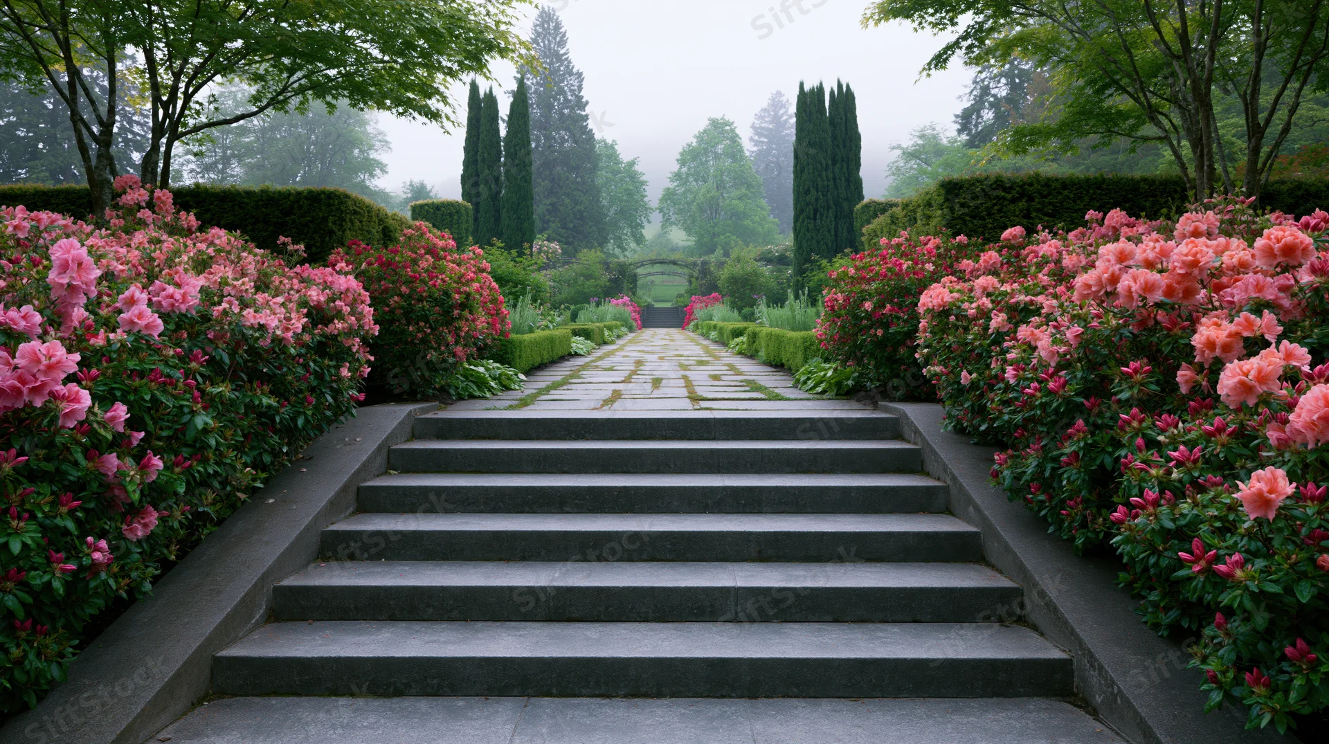 Stone steps leading upward through a formal garden lined with pink roses and green hedges