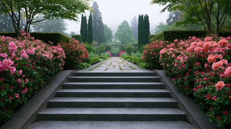 Stone steps leading upward through a formal garden lined with pink roses and green hedges