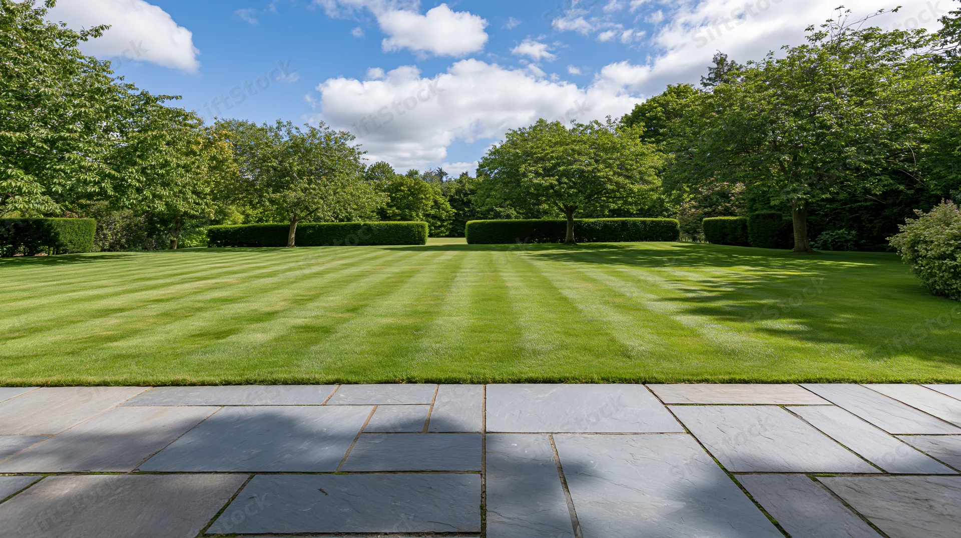 Manicured lawn bordered by trimmed hedges and trees under a blue sky with scattered clouds, viewed from a stone pavement pathway