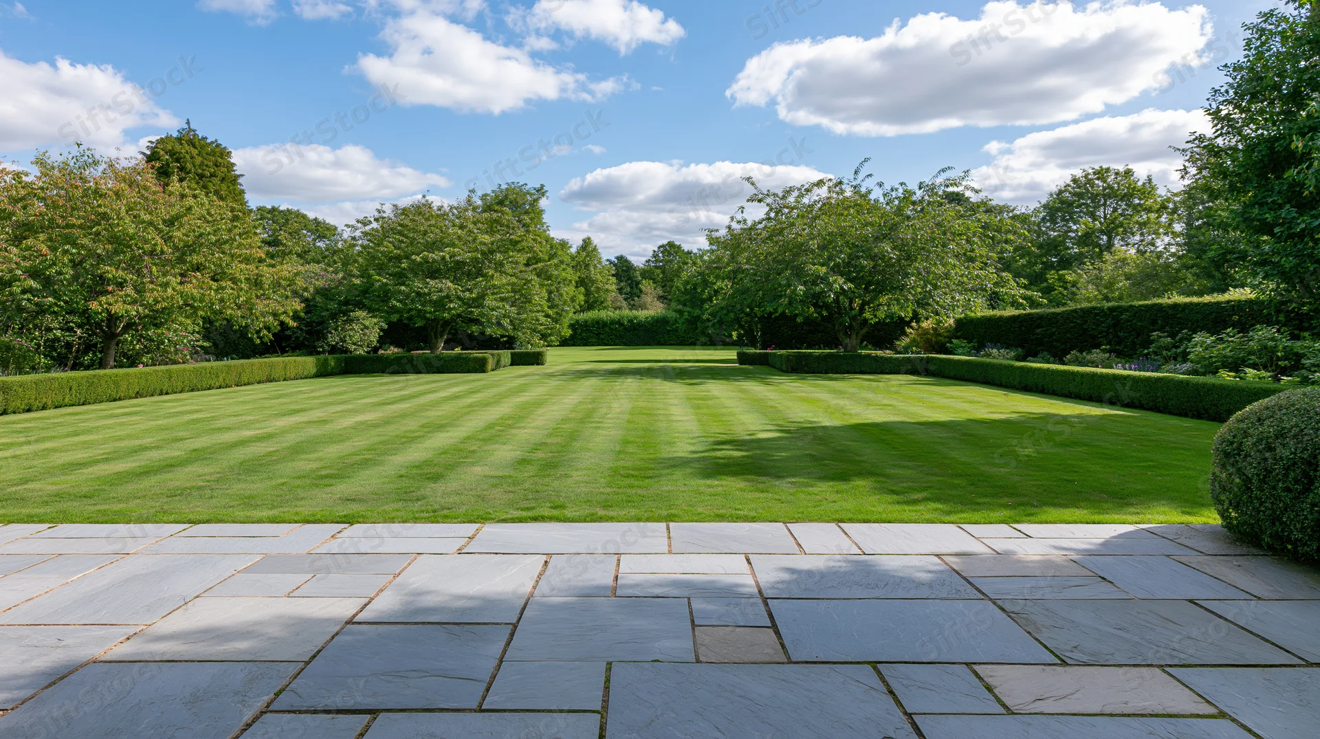 Formal garden with manicured lawn bordered by trimmed hedges and trees, viewed from a stone patio under a partly cloudy sky