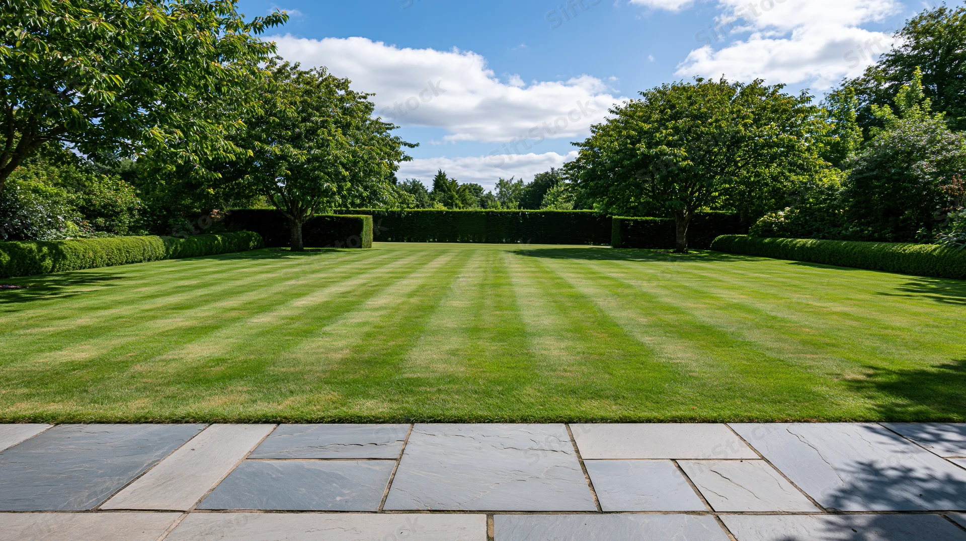 Manicured lawn with striped grass bordered by hedges and trees, viewed from a stone patio