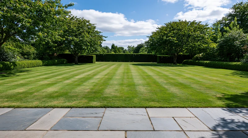 Manicured lawn with striped grass bordered by hedges and trees, viewed from a stone patio