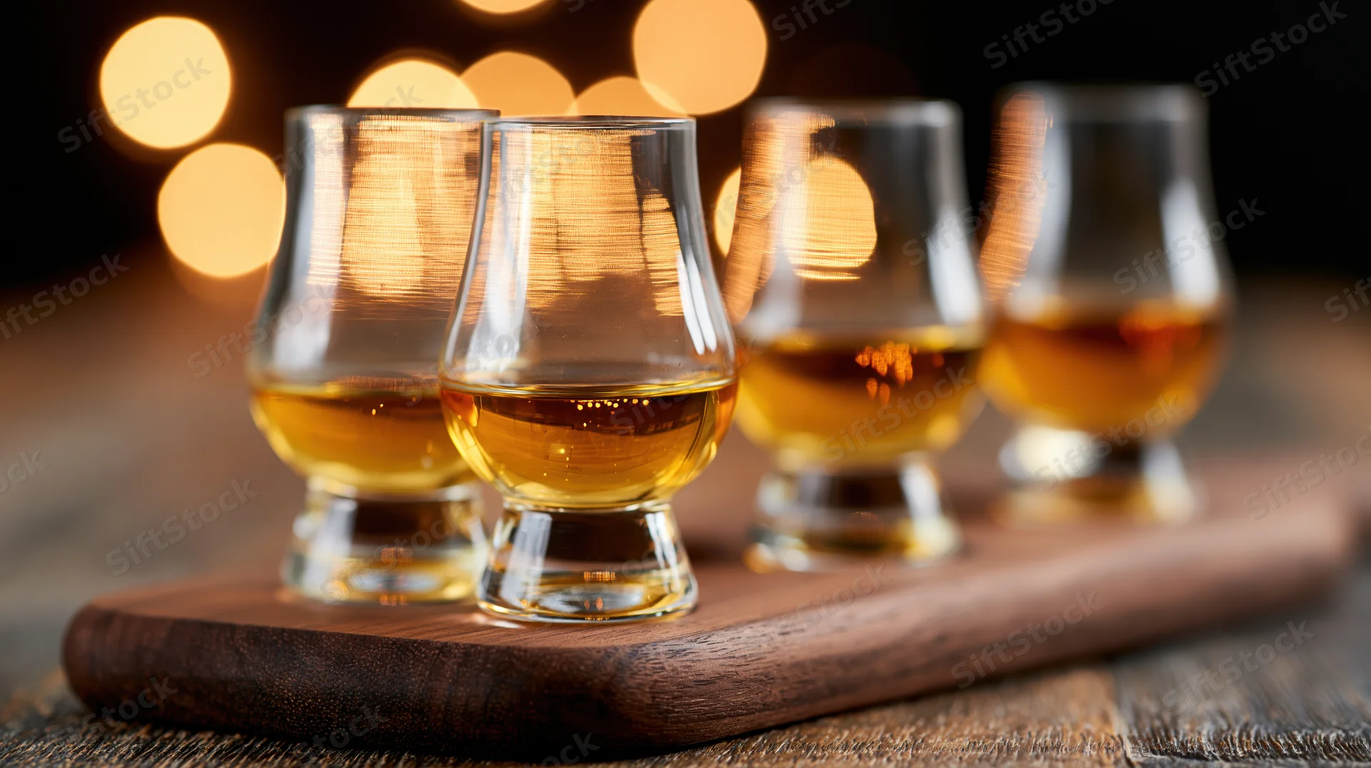 Four glencairn whisky glasses in a row on a dark wooden tray with warm bokeh lights behind